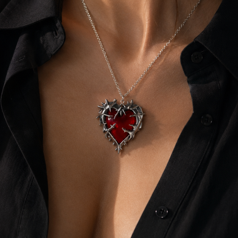 Сердце с Шипами Серебристо/Красное (Подвеска)